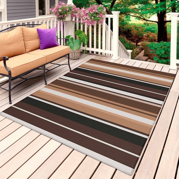 Brown Black Stripes Outdoor Rug 4x6 Ft, Non Slip Washable Area Rug, Farmhouse Vintage Abstract Lines Patio Rugs Carpet Runner, Large Floor Mat for Indoor/Outdoor Deck Porch Camping