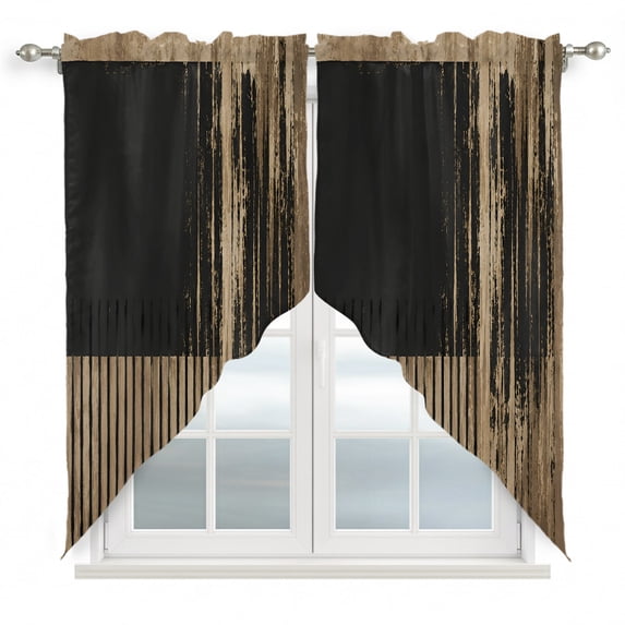 Brown Black Swag Valances for Windows 2 Pack, Kitchen Window Curtains 36 Inch Length, Modern Abstract Striped Vintage Geometric Privacy Swag Curtains for Living Room/Bathroom with Rod Pocket 36"x36"