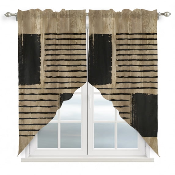 Brown Black Swag Valances for Windows, Kitchen Window Curtains Over Sink, Modern Abstract Striped Art Vintage Window Treatment Curtains for Living Room/Bedroom Curtains 2 Panel Sets 36"x45"