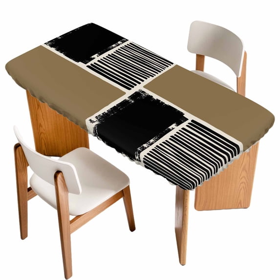 Brown Black Table Cloths for 3 Foot Rectangle Tables, Farmhouse Striped Modern Abstract Art Patio Waterproof Elastic Fitted Tablecloths, Washable Rectangular Table Cover for Camping