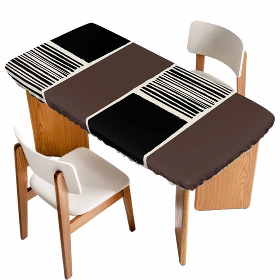 Brown Black Table Cloths for 6 Foot Rectangle Tables, Modern Abstract Art Farmhouse Striped Patio Waterproof Elastic Fitted Tablecloths, Washable Rectangular Table Cover for Camping