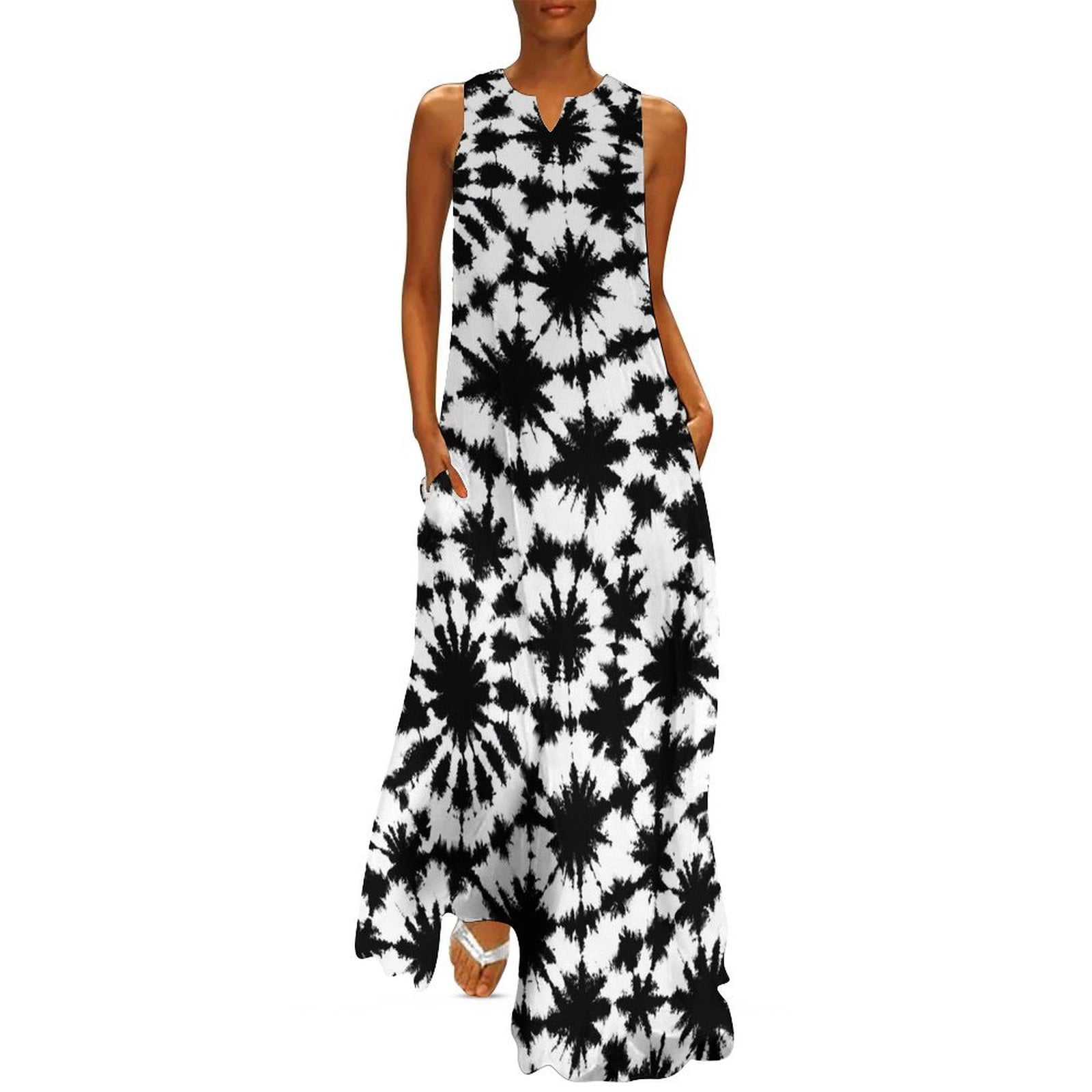Brown Black Tie Dye Dress Spring Abstract Art Street Style Casual Long ...