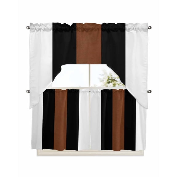 Brown Black White Kitchen Curtain and Valance Set 3 Pieces, Rod Pocket Short Tier Curtains 24 Inch Length, Contemporary Boho Modern Art Swag Topper Small Window Treatment for Cafe Bathroom Bedroom