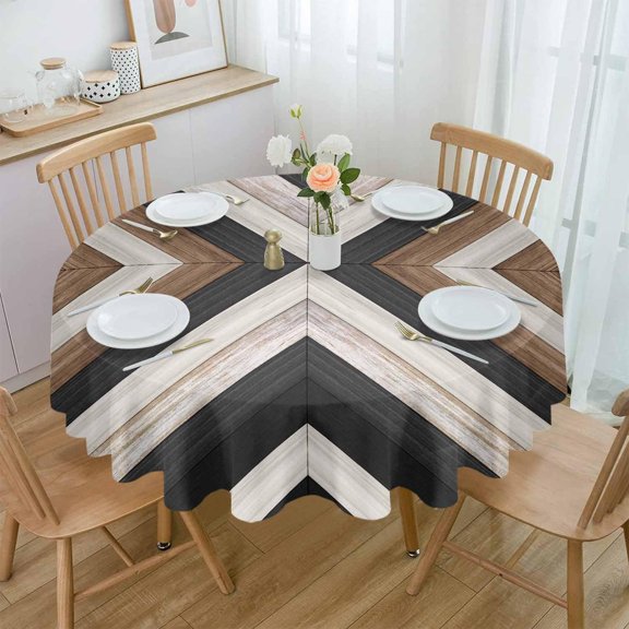 Brown Black Wooden Round Tablecloth 60 Inch - Waterproof Fabric Table Cloth Protector, Boho Modern Geometric Abstract Tablecloths Washable Table Cover for Kitchen Banquet Coffee Table Party