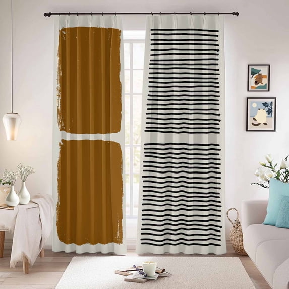 Brown Blackout Curtains for Bedroom/Living Room, Pinch Pleated Black Out Curtains, Modern Painting Farmhouse Striped Abstract Art Room Darkening Window Drapes with Hooks 2 Panels, 59"x70"