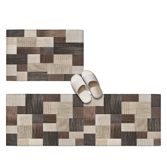 Brown Block 2 Pieces Non-Slip Kitchen Mat Set, Micro Knit Mosaic Tiles Charcoal Plaid Industrial Soft Door Mat with Rubber Backing, Dirtproof Rugs for Entrance Doorway, 23.6x35.4in+23.6x70.9in