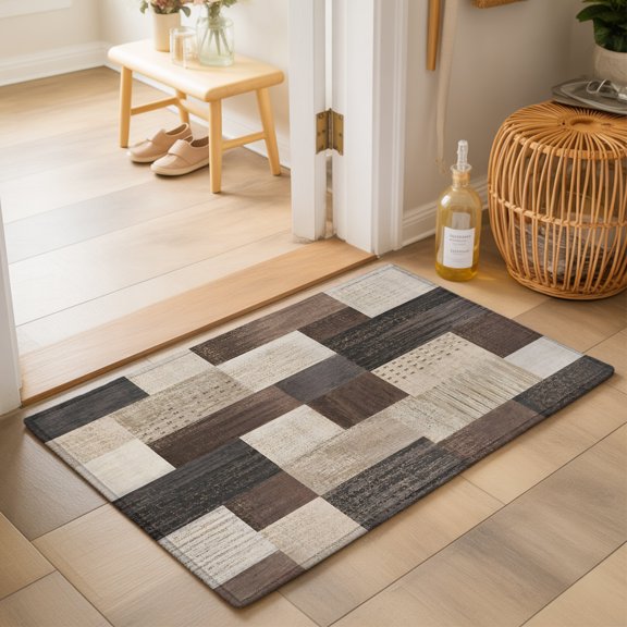 Brown Block 2'x3' Small Rugs for Entryway Front Door Kitchen Sink Area, Micro Knit Mosaic Tiles Charcoal Plaid Industrial Soft Sturdy Mats Washable Non Slip Rectangle Area Rug