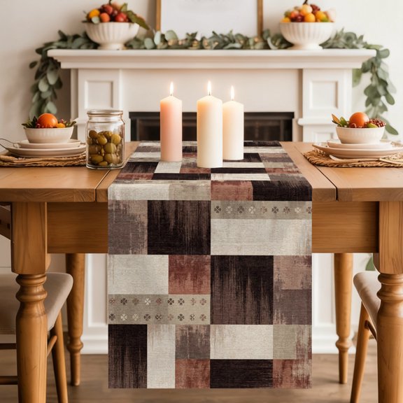 Brown Block Dining Table Runner, Floral Terracotta Cream Grid Mid Century Industrial Washable Table Runners Kitchen Coffee Table Center Decor for Home Party Holiday Wedding 13 x 36 Inches