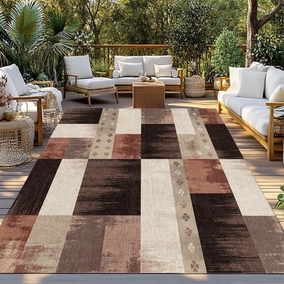 Brown Block Indoor Outdoor Rugs 4x6 Ft, Floral Terracotta Cream Grid Mid Century Industrial Outdoor Patio Rug Mat Washable Outside Area Rugs Carpet for Porch Deck RV Camping Pool Balcony Backyard