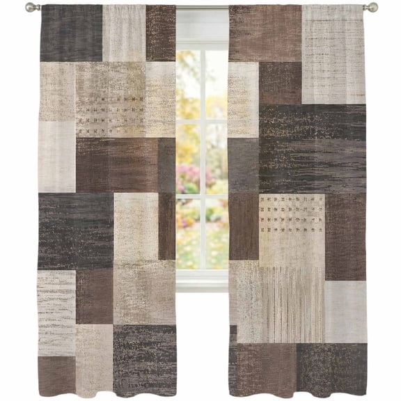 Brown Block Sheer Curtains 108 Inches Long 2 Panels, Micro Knit Mosaic Tiles Charcoal Plaid Industrial Semi Sheer Rod Pocket Window Curtains Light Filtering Drapes for Living Room Bedroom