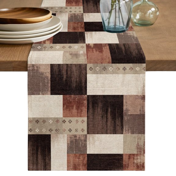 Brown Block Table Runner, Floral Terracotta Cream Grid Mid Century Industrial Cotton Linen Table Cloth, Tablerunner for Kitchen Dining Party Wedding Home Decor 13x70 Inch
