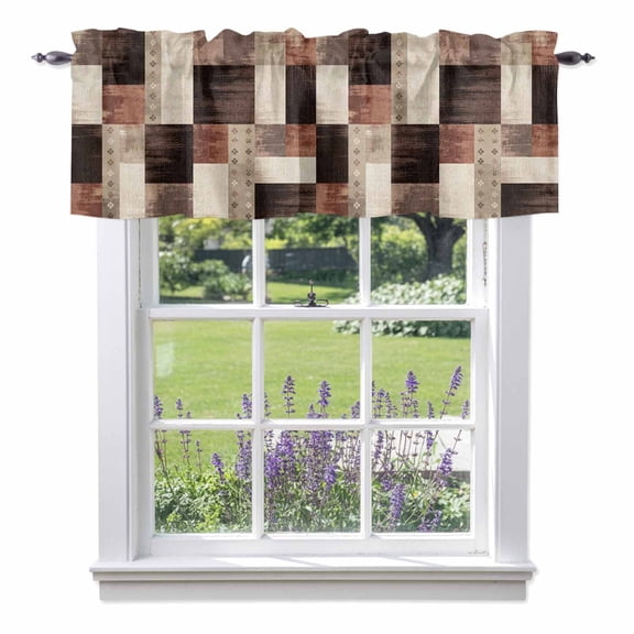 Brown Block Valances for Windows, Floral Terracotta Cream Grid Mid Century Industrial Valance Window Treatment Rod Pocket Short Curtains Valances for Kitchen Bathroom 42"W x 18"L
