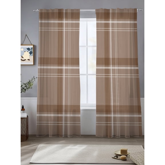 Brown Blocks Window Sheer Curtain Chestnut Brown Strips Gingham Farmhouse Rustic Semi Curtain Sheers Light Filtering Rod Pocket Voile Drapes for Bedroom Kitchen Living Room 52 X 108 Inch, 2 Panels