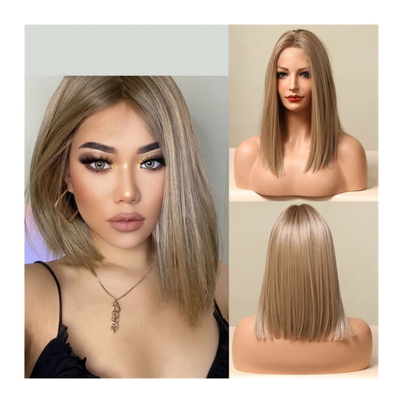 Brown Blonde Lace Front Wigs Short Straight Bob Synthetic Lace Frontal Wig with Baby Hair for Women Blunt Cut Natural Daily Hair