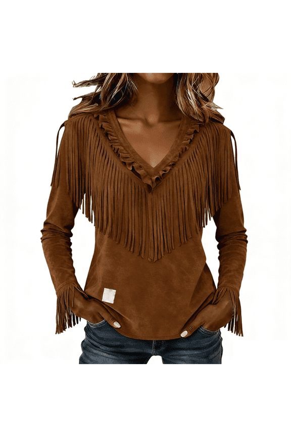 Brown Blouse for Women Fashion Suede Fringe Western Long Sleeve Retro Blosue 2026 Tassel Motorcycle Suede Outwear Loose Tops Women's Button Down Shirts
