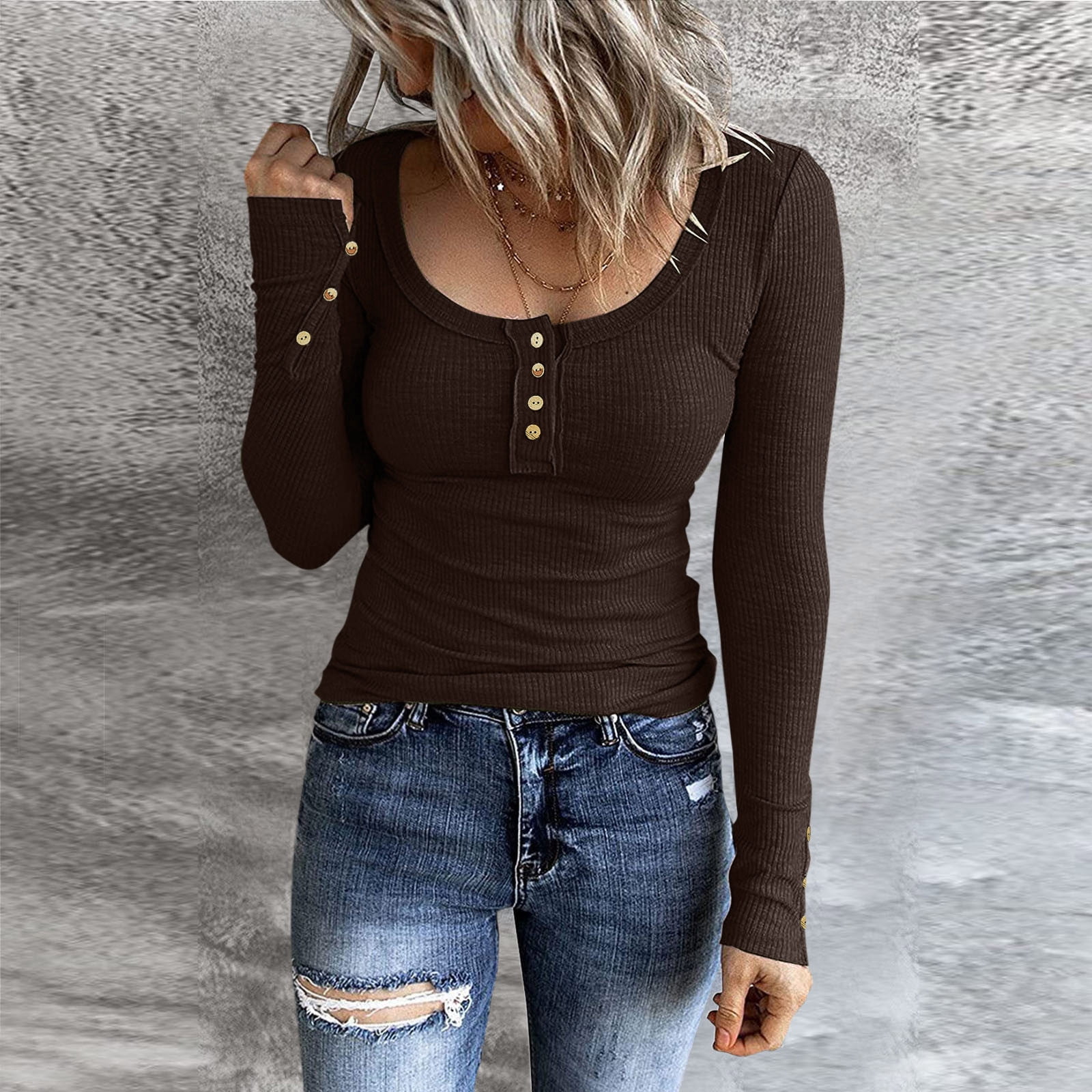 Kissfix Women's Long Sleeve Henley Top - Ribbed Knit Blouse For Business Casual & Fall Outfits (Brown, X-Large) - View #8