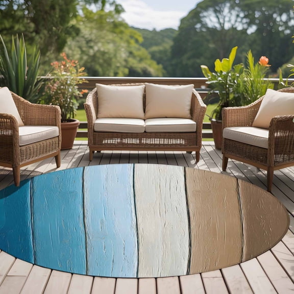 Brown Blue 8ft Round Rug for Open Concept Living Room Seating Zone, Gradient Wood Grain Farmhouse Retro Striped Washable Non Slip Large Circle Area Rug