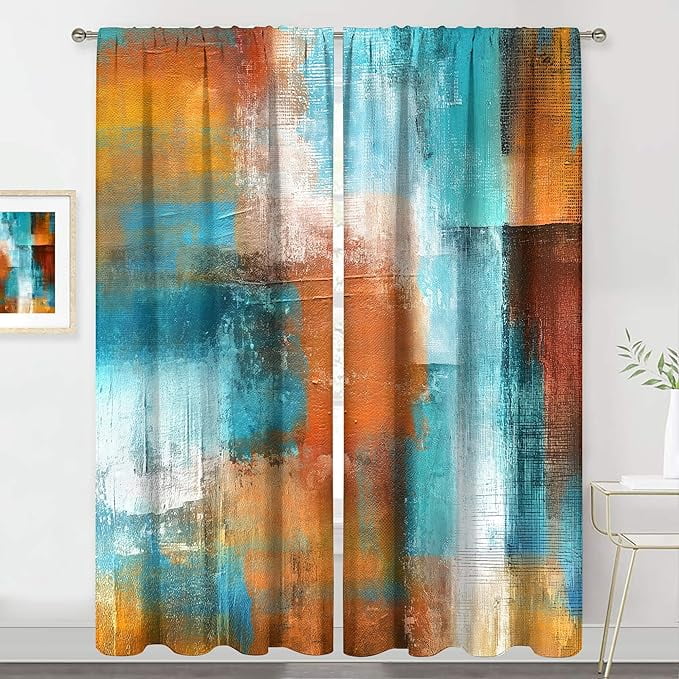 Brown Blue Abstract Curtains Rod Pocket Rust Burnt Orange Teal Art ...