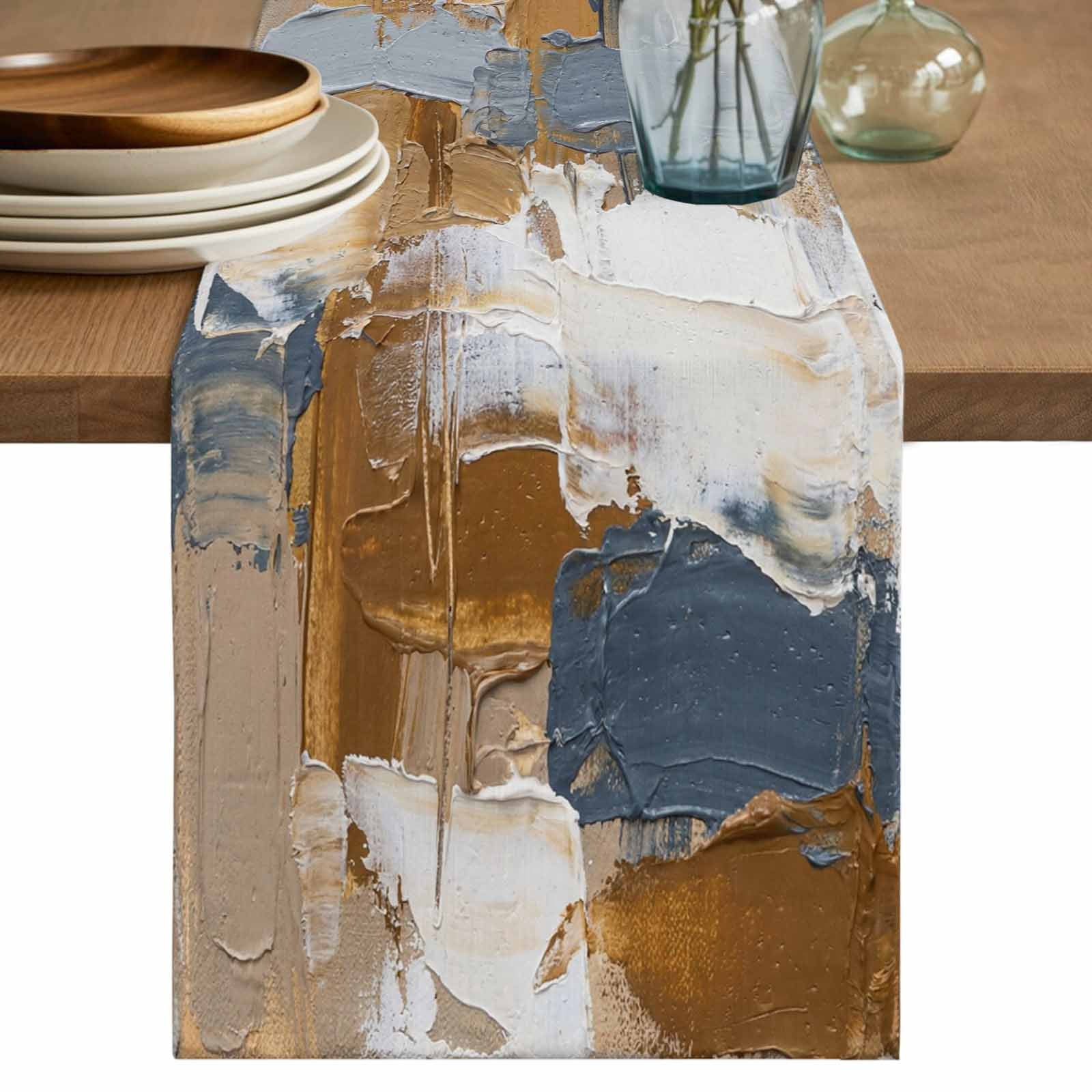 Abstracted Table Brown Blue Abstract Table Runner 72 Inches, Ombre Vintage Oil Painting ...