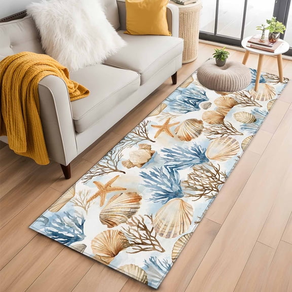 Brown Blue Beach Coastal Kitchen Runner Rug 2x6 Washable Runners for Hallway Non Slip Nautical Summer Starfish Coral Large Area Rug Indoor Floor Carpet for Bathroom Laundry Entryway Bedroom