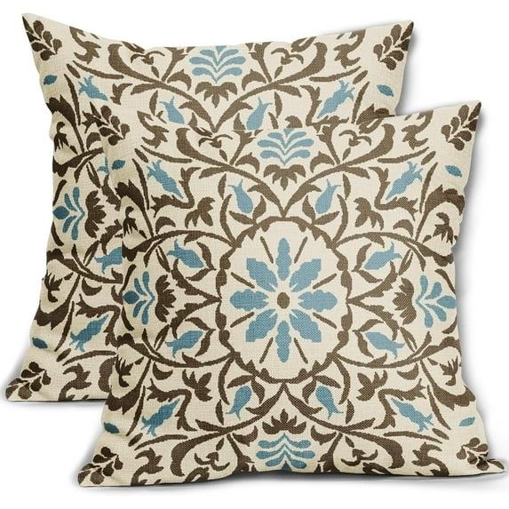 Brown Blue Boho Pillow Covers 18x18 Inch Bohemian Ethnic Carpet Style Vintage Flower Print Decorative Throw Pillows Outdoor Linen Cushion Case Farmhouse Decor for Home Sofa Bed Set of 2