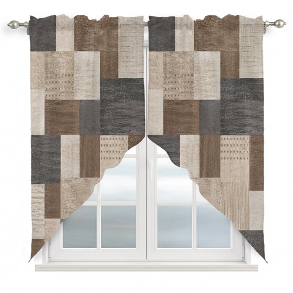 Brown Blue Checked Swag Valances for Windows, Kitchen Curtains 36 Inch Length 2 Panels Set, Vintage Buffalo Plaid Farmhouse Short Curtains for Small Windows Rod Pocket Cafe Curtains Drapes 28"x36"