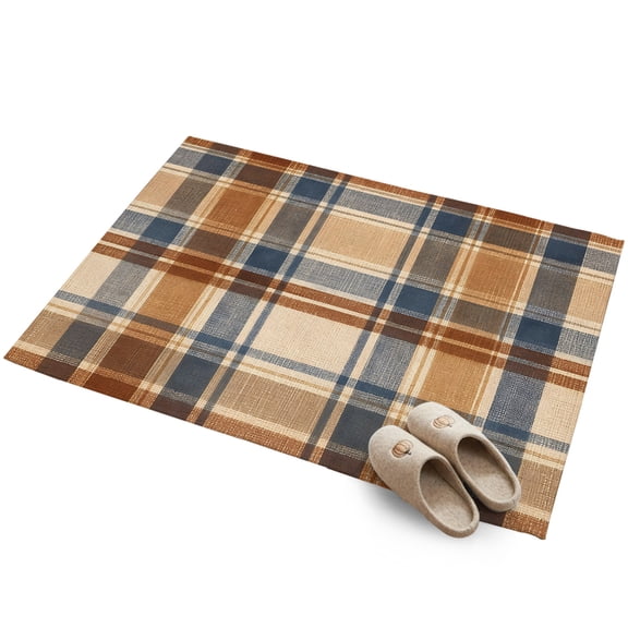 Brown Blue Checkered Entryway Rug 2'x3' Country Vintage Farmhouse Classic Plaid Grid Small Area Rug Non-Slip Front Door Mat Washable Floor for Front‑Door Area, Kitchen Sink Zone, Bathroom