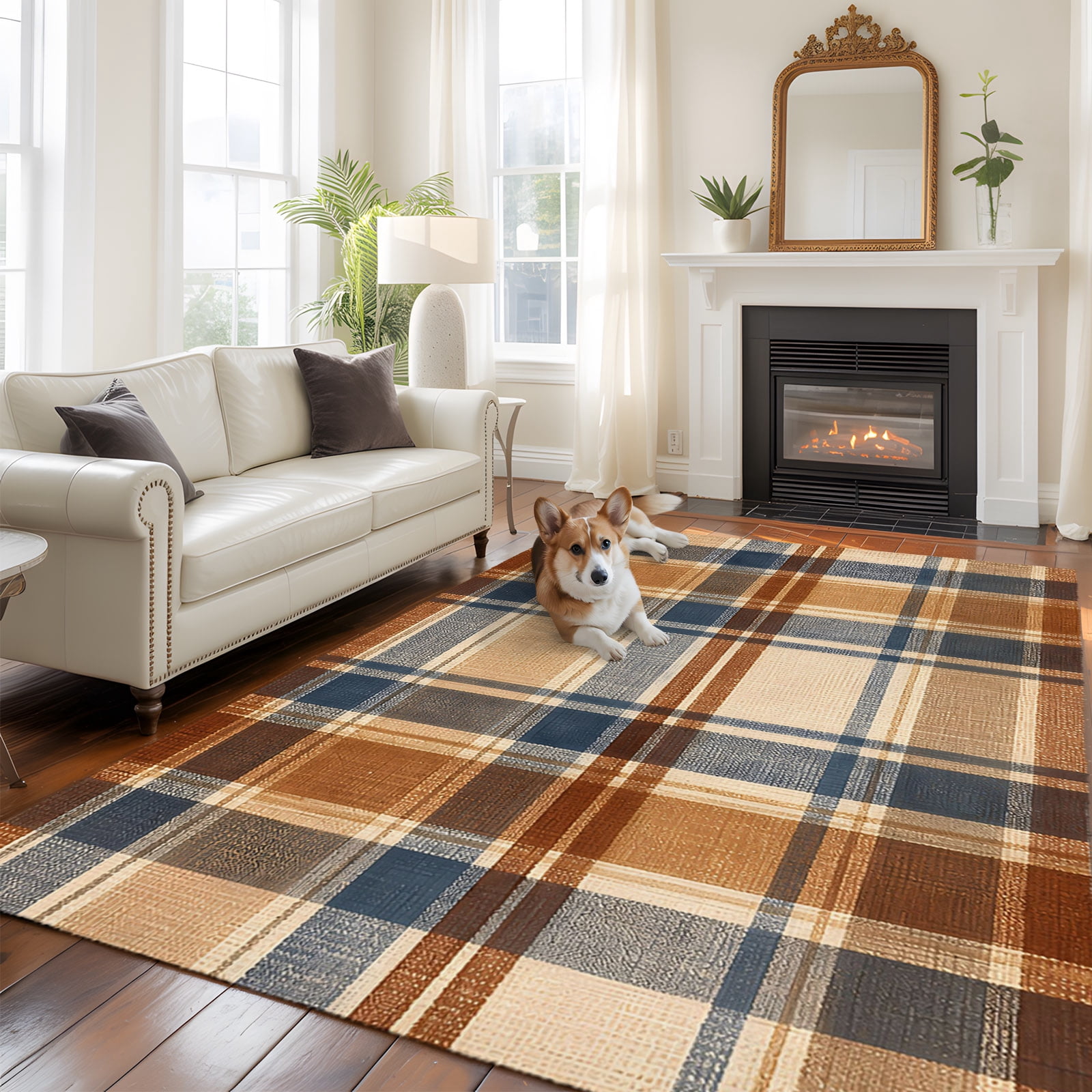 Brown Blue Checkered Large Area Rugs 6x9ft Country Vintage Farmhouse ...