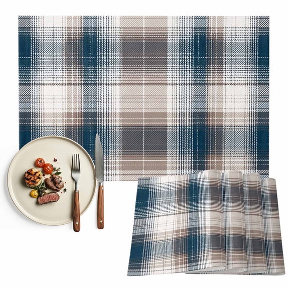 Brown Blue Checkered Plaid Placemats Set of 6, Rustic Buffalo Plaid Table Mats Washable Heat-Insulation Non-Slip Place Mats for Kitchen Dinner Table Indoor Outdoor Decor,13x19 Inch