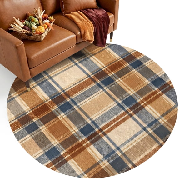 Brown Blue Checkered Small Round Rug 3Ft Country Vintage Farmhouse Classic Plaid Grid Area Rugs Washable Non Slip Indoor Floor Mats Circle for Entryway Under‑Nightstand Bathroom, Balcony