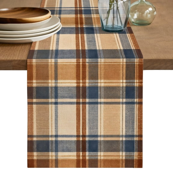 Brown Blue Checkered Table Runner, Country Vintage Farmhouse Classic Plaid Grid Cotton Linen Table Cloth, Tablerunner for Kitchen Dining Party Wedding Home Decor 13x36 Inch