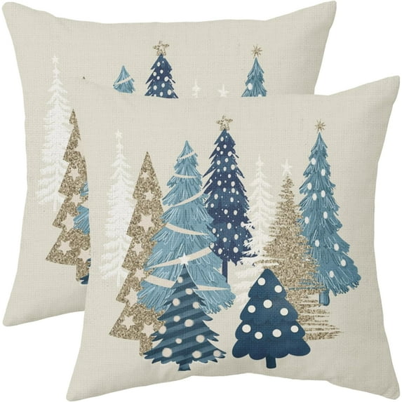 Brown Blue Christmas Pillowcase, 18x18 Christmas Tree Print Decorative Throw Pillow, Outdoor Farmhouse Holiday Decor Pillowcase, Cushion Cover Decor, Suitable for Home Sofa Beds (2-Pack)