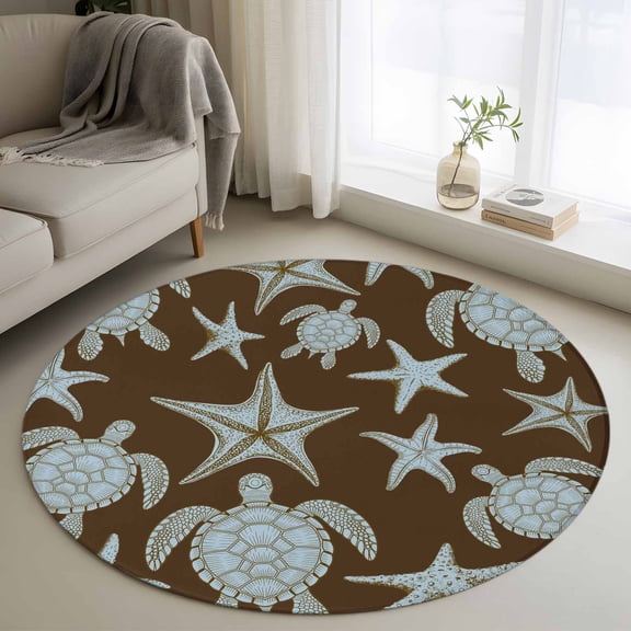 Brown Blue Coastal Round Area Rug 3Ft Washable Small Circle Rugs for Kitchen Entryway, Summer Beach Sea Turtle Starfish Nautical Non-Slip Carpet Floor Mats Indoor Outdoor Carpet Runner Home Decor
