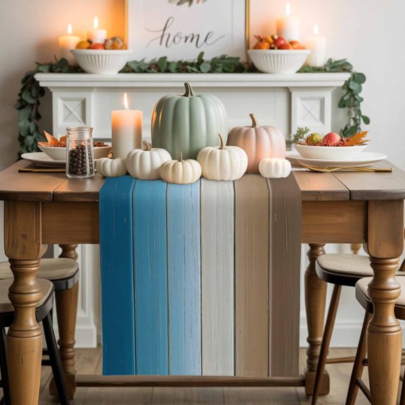 Brown Blue Cotton Linen Table Runner, Washable Table Runners for Kitchen, Dining Room, Holiday, Home Party Table Decor, 13x72 Inches