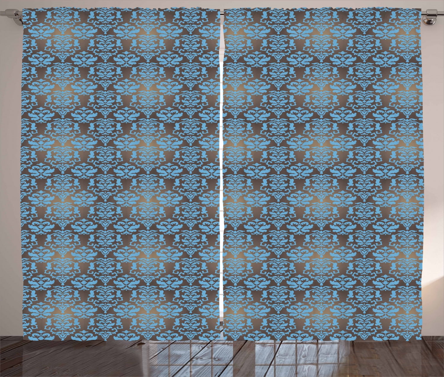Ambesonne Brown and Blue Curtains 2 Panel Set, Curly Damask Motifs, 108 ...