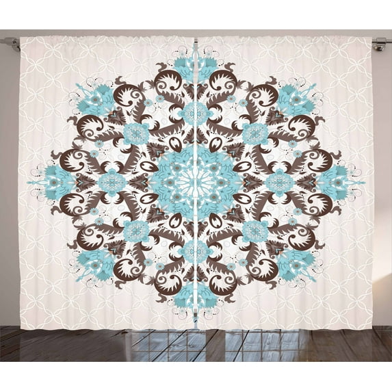 Ambesonne Brown and Blue Curtains 2 Panel Set, Mandala Antique, 108" x 96", Brown Umber and Sky Blue