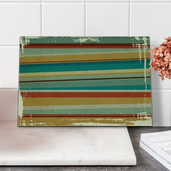 Brown and Blue Cutting Board, Geometric Stripes Pattern Retro Inspired Lines Worn Frame Design Abstract, Decorative Tempered Glass Cutting and Serving Board, Small Size, Multicolor, by Ambesonne