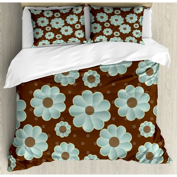 Brown and Blue Duvet Cover Set King Size, Retro Daisy Pattern with Polka Dot Background Abstract Design, Decorative 3 Piece Bedding Set with 2 Pillow Shams, Brown Pale Seafoam Umber, by Ambesonne
