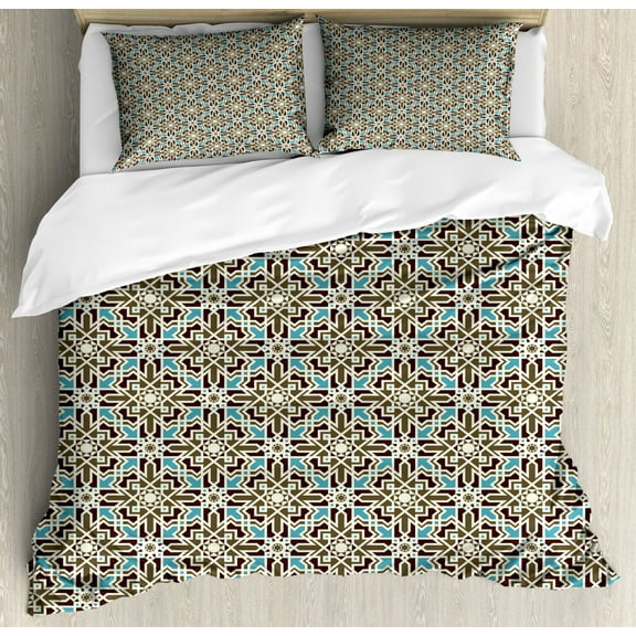 Brown and Blue Duvet Cover Set Queen Size, Arabesque Middle Eastern Inspired Moroccan Star Pattern Ornament, Decorative 3 Piece Bedding Set with 2 Pillow Shams, Taupe Pale Blue Brown, by Ambesonne
