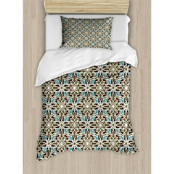 Brown and Blue Duvet Cover Set Twin Size, Arabesque Middle Eastern Inspired Moroccan Star Pattern Ornament, Decorative 2 Piece Bedding Set with 1 Pillow Sham, Taupe Pale Blue Brown, by Ambesonne