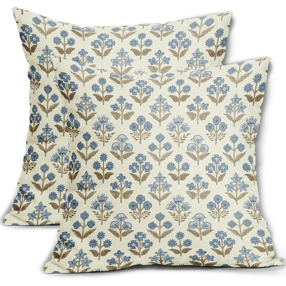 Brown Blue Floral Block Print Pillow Covers 18x18 Inch Set of 2, Vintage Flower Pattern Decorative Throw Pillowcases Outdoor Farmhouse Cushion Covers Spring Summer Rustic Sofa Couch Bed Decor