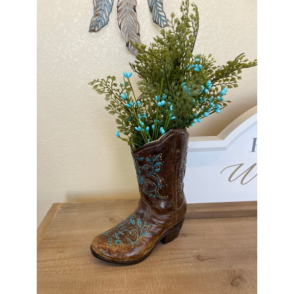 Brown & Blue Floral Cowboy Boot Vase | Western Vase | Cowboy Boot Planter | Cute Cowboy Vase