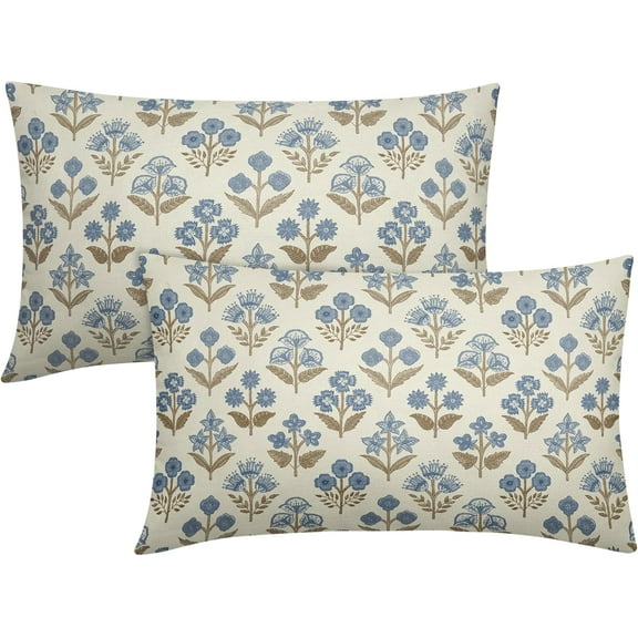 Brown Blue Floral Pillow Covers 12x20 Inch Set of 2, Block Print Lumbar Flower Cream Decorative Throw Pillowcases Outdoor Farmhouse Rectangle Cushion Covers Spring Summer Sofa Couch Bed Decor