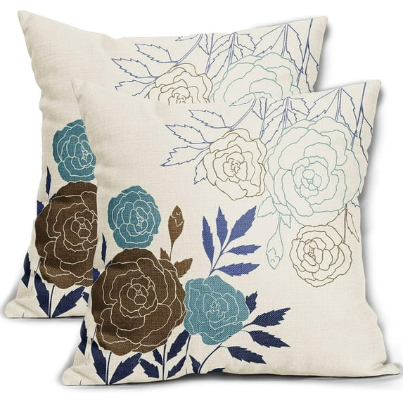 Brown Blue Floral Pillow Covers 18x18 Set of 2 Modern Elegant Line Flower Throw Pillows Farmhouse Outdoor Spring Summer Pillowcase Decorative Square Linen Cushion Case for Home Sofa Couch Bed