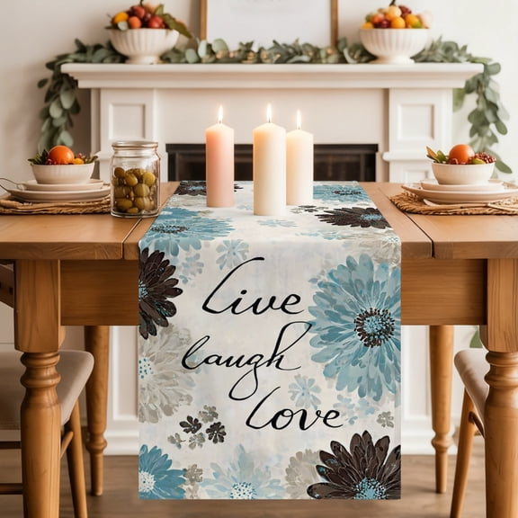 Brown Blue Flower Dining Table Runner, Laugh Love Live Plant Farmhouse Washable Table Runners Kitchen Coffee Table Center Decor for Home Party Holiday Wedding 13 x 120 Inches