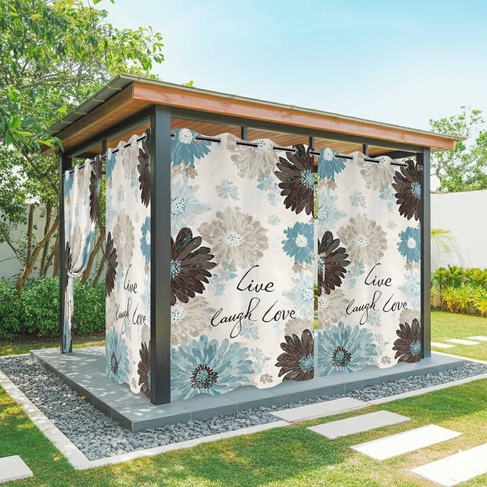Brown Blue Flower Outdoor Curtains for Patio, Laugh Love Live Plant Farmhouse Sunshade Privacy Drapes Grommet Waterproof Outside Curtains for Porch/Cabana/Balcony 54"x 108", 1 Panel
