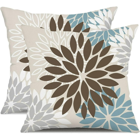 Brown Blue Flower Pillow Covers 16x16 Inch Set of 2 Summer Outdoor Waterproof Decor for Home Patio Funiture Garden Living Room Cushion Cover 002F