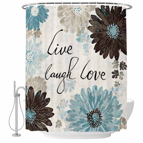 Brown Blue Flower Shower Curtain Set with Hooks, Laugh Love Live Plant ...