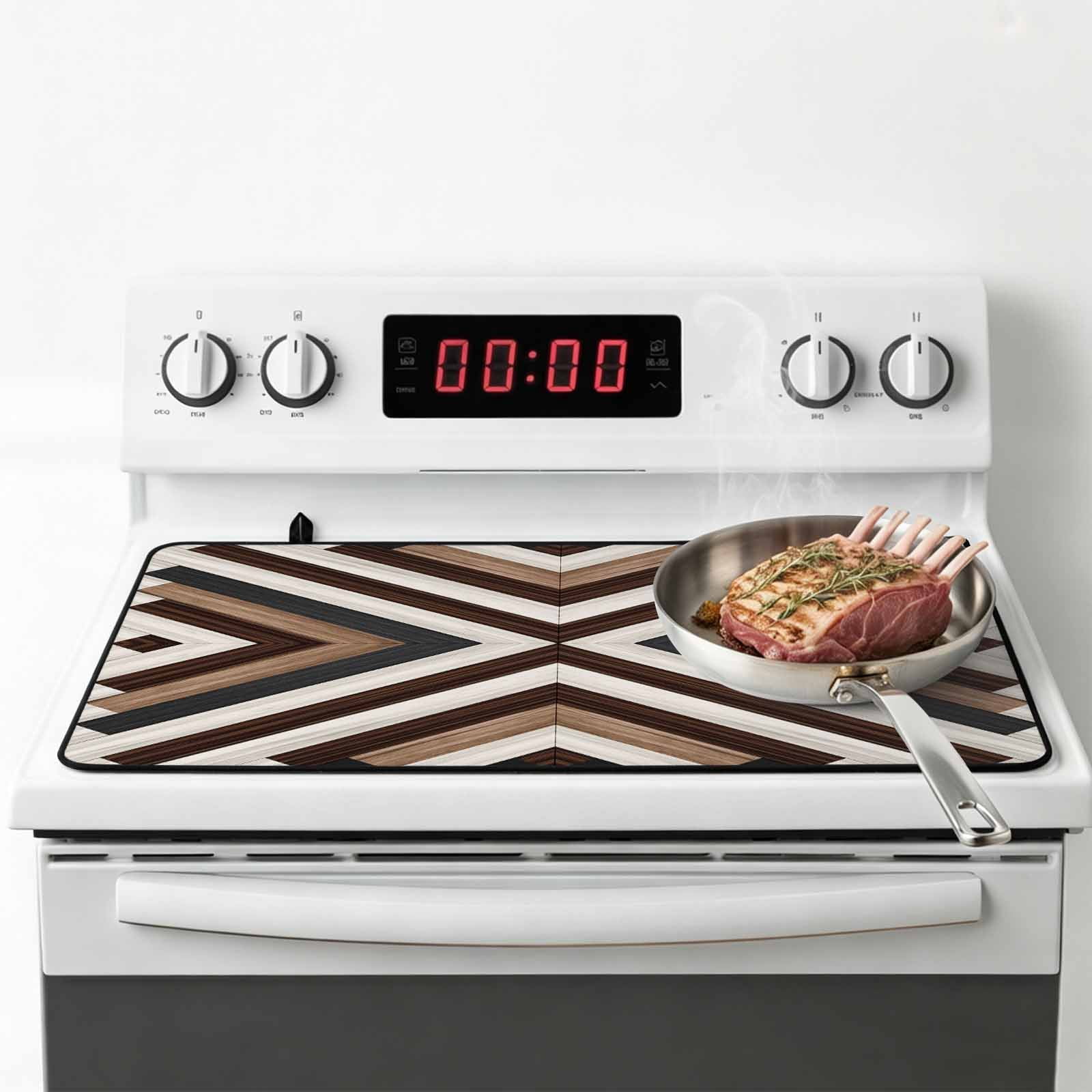 Brown Blue Geometric Stove Top Cover for Electric Stove, Heat-proof & Non Slip Glass Top Stove Cover Protector, Modern Vintage Abstract Art Kitchen Flat Cooktop Rubber Mat 24x21 Inches