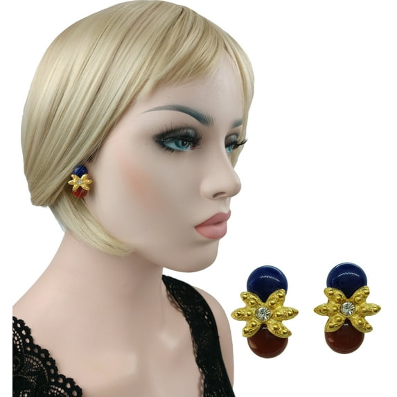 Brown Blue Gold Tone Starfish Clip On Earrings 1 1/16" Ladies Adult Female Women